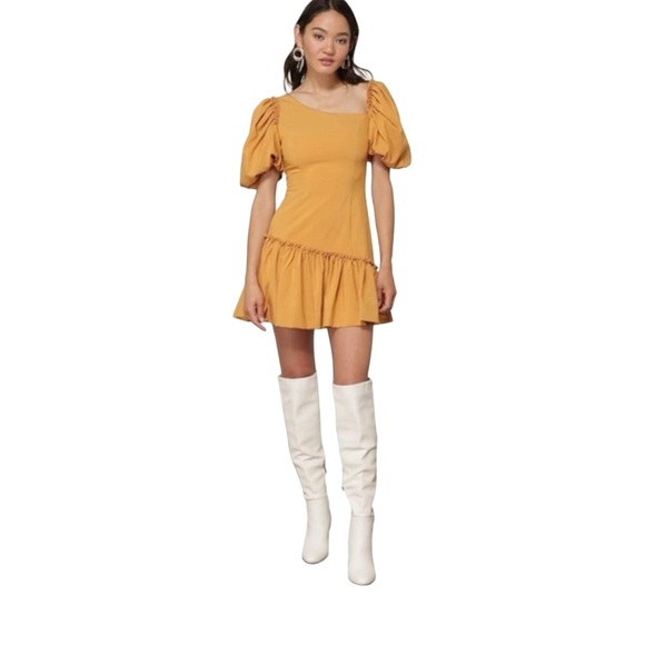 Marigold Line & Dot Ruffle Asymmetrical Puff Sleeve Yoko Mini Dress Size Small - Picture 1 of 15